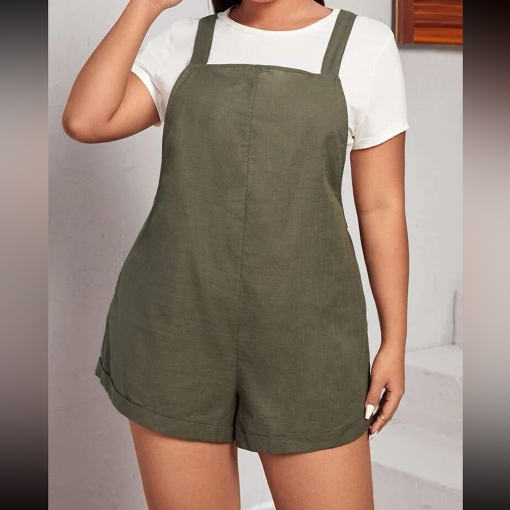 Shein Olive Green Linen Overall Shorts Romper